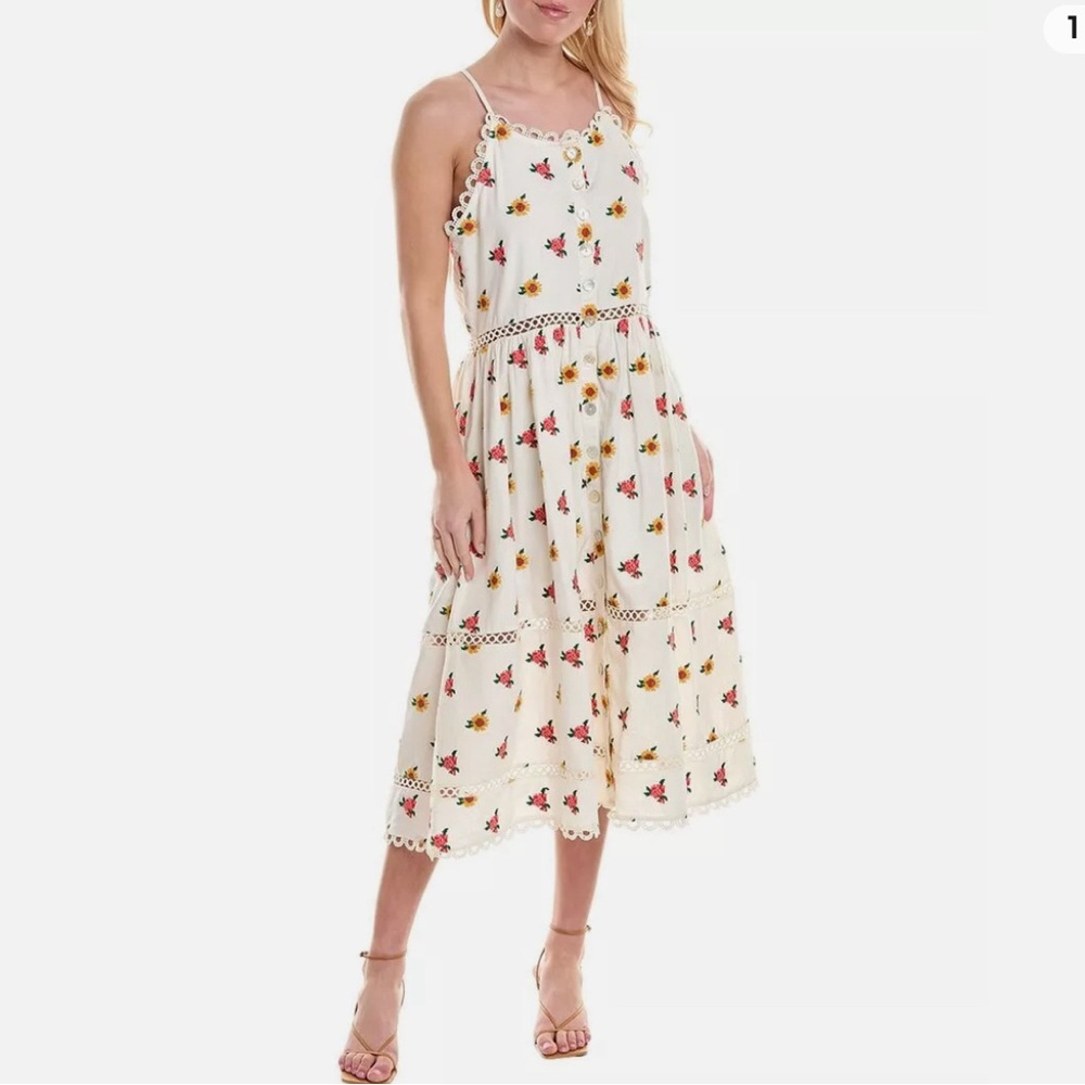 Farm Rio embroidered linen-blended floral tiered midi dress